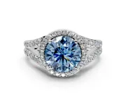 Halo Engagement Ring Setting for Fancy Blue Round Cut Center with Narrow Pave Split Shank and Prong Head in Platinum