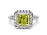 Halo Engagement Ring Setting for Fancy Yellow Asscher Cut Center with Raised Halo, Pave Band and Prong Head in Platinum