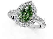 Halo Engagement Ring Setting for Fancy Green Pear-Shaped Center with Heart-Shaped Openwork, Pave Band and Prong Head in Sterling Silver