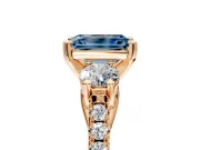 3 Stone Engagement Ring Setting for Fancy Blue Emerald Cut Center with Crossover Basket, Pave Band and Prong Head in Rose Gold