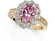 Halo Engagement Ring Setting for Fancy Pink Oval Center with Milgrain Channel Band and Prong Head in Yellow Gold