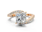 Solitaire Engagement Ring Setting for Princess Cut Center with Pave Bypass Swirl Band and Prong Head in Rose Gold