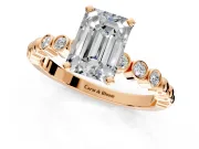 Solitaire Engagement Ring Setting for Emerald Cut Center with Bezel-Dot Beaded Band and Prong Head in Rose Gold