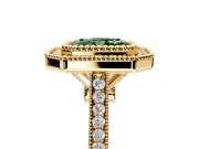 Halo Engagement Ring Setting for Fancy Green Radiant Cut Center with Milgrain Frame, Pave Band and Prong Head in Yellow Gold