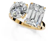 Round Cut and Emerald Cut Lab-Grown Diamond Toi et Moi Engagement Ring with Prong-Set Stones in Yellow Gold