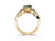 3 Stone Engagement Ring Setting for Fancy Green Heart-Shaped Center with Pave Split Shank and Prong Head in Yellow Gold