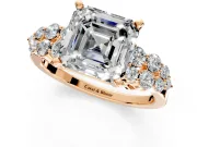 Cluster Engagement Ring Setting for Asscher Cut Center with 2-Row Shoulder Clusters and Prong Head in Rose Gold