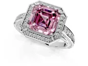 Halo Engagement Ring Setting for Fancy Pink Asscher Cut Center with Framed Halo, Pave Band and Prong Head in Sterling Silver