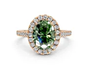 Halo Engagement Ring Setting for Fancy Green Oval Center with Narrowing Pave Band and Prong Head in Rose Gold