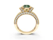 Pave Engagement Ring Setting for Fancy Green Cushion Cut Center with Curved Accent Rows, Openwork and Prong Head in Yellow Gold