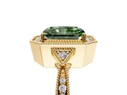 Halo Engagement Ring Setting for Fancy Green Radiant Cut Center with Milgrain Rim, Pave Band and Prong Head in Yellow Gold