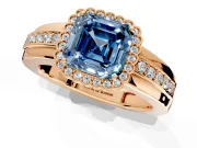 Halo Engagement Ring Setting for Fancy Blue Asscher Cut Center with Wide Band, Inlaid Accent Row and Prong Head in Rose Gold