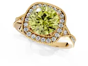 Halo Engagement Ring Setting for Fancy Yellow Round Cut Center with Milgrain Rim, Pave Band and Prong Head in Yellow Gold