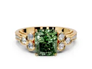 Cluster Engagement Ring Setting for Fancy Green Radiant Cut Center with Bezel Accent Clusters and Prong Head in Yellow Gold
