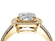 Milgrain Halo Engagement Ring Setting for Cushion Cut Center with Three-Sided Pave Band and Prong Head in Yellow Gold