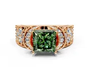 Pave Engagement Ring Setting for Fancy Green Princess Cut Center with Curved Accent Rows, Openwork and Prong Head in Rose Gold