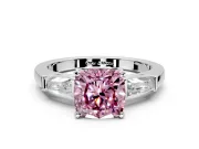 3 Stone Engagement Ring Setting for Fancy Pink Cushion Cut Center with Tapered Baguettes, Plain Band and Prong Head in White Gold