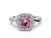 Halo Engagement Ring Setting for Fancy Pink Cushion Cut Center with Twist Band and Prong Head in Sterling Silver