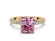 Solitaire Engagement Ring Setting for Fancy Pink Radiant Cut Center with Round Cut Pave Band and Prong Head in Yellow Gold