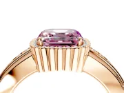Halo Engagement Ring Setting for Fancy Pink Asscher Cut Center with Wide Band, Inlaid Accent Row and Prong Head in Rose Gold