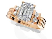 Solitaire Engagement Ring Setting for Emerald Cut Center with Grooved Bar Accent Band and Prong Head in Rose Gold