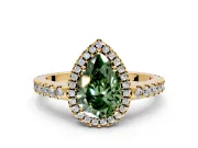 Accent Halo Engagement Ring Setting for Fancy Green Pear-Shaped Center with Full-Length Pave Band and Prong Head in Yellow Gold