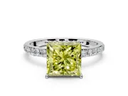 Hidden Halo Engagement Ring Setting for Fancy Yellow Princess Cut Center with Pave Band and Prong Head in Platinum