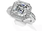 Halo Engagement Ring Setting for Asscher Cut Center with Framed Halo, Pave Band and Prong Head in Platinum