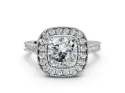 Halo Engagement Ring Setting for Cushion Cut Center with Milgrain Frame, Pave Band and Prong Head in Platinum