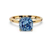 Hidden Halo Engagement Ring Setting for Fancy Blue Cushion Cut Center with Thin Round-Wire Band and Prong Head in Yellow Gold