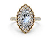 Milgrain Floral Halo Engagement Ring Setting for Marquise Center with Pave Band and Prong Head in Yellow Gold