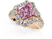 Large Accent Halo Engagement Ring Setting for Fancy Pink Princess Cut Center with Pave Split Shank and Prong Head in Rose Gold