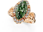 Halo Engagement Ring Setting for Fancy Green Marquise Center with Open Scroll Shoulders and Prong Head in Rose Gold