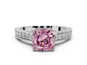 Solitaire Engagement Ring Setting for Fancy Pink Cushion Cut Center with Milgrain-Framed Pave Band and Prong Head in Platinum
