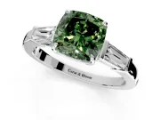 3 Stone Engagement Ring Setting for Fancy Green Cushion Cut Center with Baguette Accents and Prong Head in White Gold