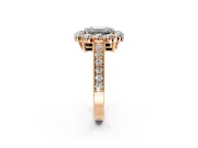 Halo Engagement Ring Setting for Emerald Cut Center with Milgrain Channel Band and Prong Head in Rose Gold