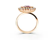 Halo Engagement Ring Setting for Fancy Pink Round Cut Center with Milgrain Bezel Rim, Plain Band and Prong Head in Rose Gold