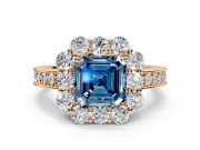 Halo Engagement Ring Setting for Fancy Blue Asscher Cut Center with Milgrain Channel Band and Prong Head in Rose Gold