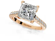 Solitaire Engagement Ring Setting for Princess Cut Center with Widening Pave Band and Claw Prong Head in Rose Gold