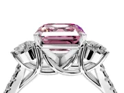 3 Stone Engagement Ring Setting for Fancy Pink Asscher Cut Center with Crossover Basket, Pave Band and Prong Head in Sterling Silver