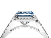 Halo Engagement Ring Setting for Fancy Blue Asscher Cut Center with Narrowing Pave Band and Prong Head in White Gold