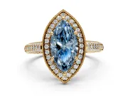 Milgrain Halo Engagement Ring Setting for Fancy Blue Marquise Center with Three-Sided Pave Band and Prong Head in Yellow Gold