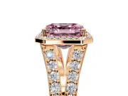 Halo Engagement Ring Setting for Fancy Pink Asscher Cut Center with Narrow Pave Split Shank and Prong Head in Rose Gold