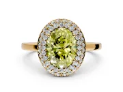 Halo Engagement Ring Setting for Fancy Yellow Oval Center with Plain Tapered Band and Prong Head in Yellow Gold