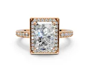 Halo Engagement Ring Setting for Radiant Cut Center with Metal-Rimmed Halo, Pave Band and Prong Head in Rose Gold