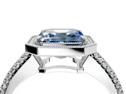 Milgrain Halo Engagement Ring Setting for Fancy Blue Asscher Cut Center with Three-Sided Pave Band and Prong Head in Platinum