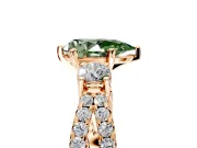3 Stone Engagement Ring Setting for Fancy Green Pear-Shaped Center with Pave Split Shank and Prong Head in Rose Gold
