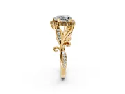 Halo Engagement Ring Setting for Heart-Shaped Center with Leaf Motif Split Shank and Prong Head in Yellow Gold