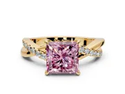 Crossover Engagement Ring Setting for Fancy Pink Princess Cut Center with Pave and Plain Strands and Prong Head in Yellow Gold