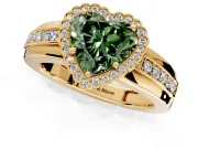Halo Engagement Ring Setting for Fancy Green Heart-Shaped Center with Wide Band, Inlaid Accent Row and Prong Head in Yellow Gold